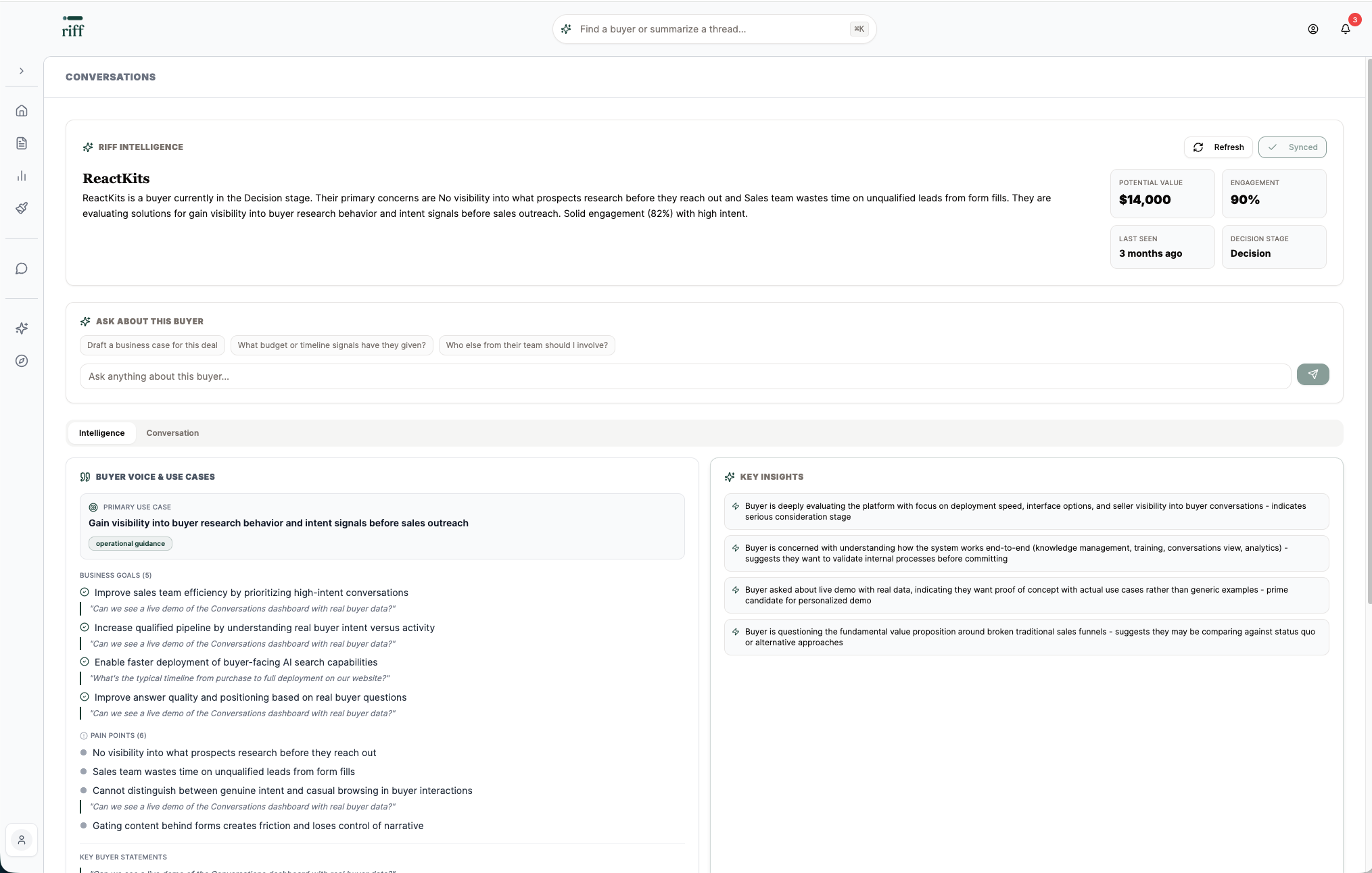 RIFF Explore — known buyer conversation with CRM context